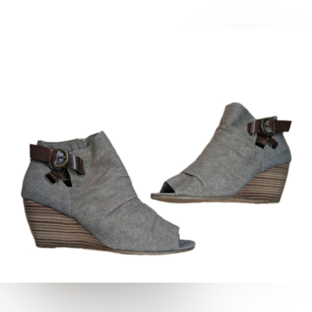Blowfish Boho Canvas Peep Toe Wedge Bootie Brown & Taupe Sandals Size 10M